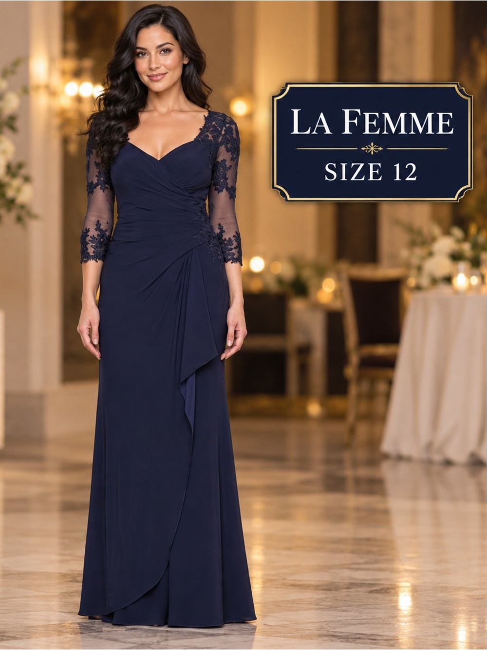 LA FEMME Elegant Navy Evening Gown Lace Sleeves Tailored for petite /size 12